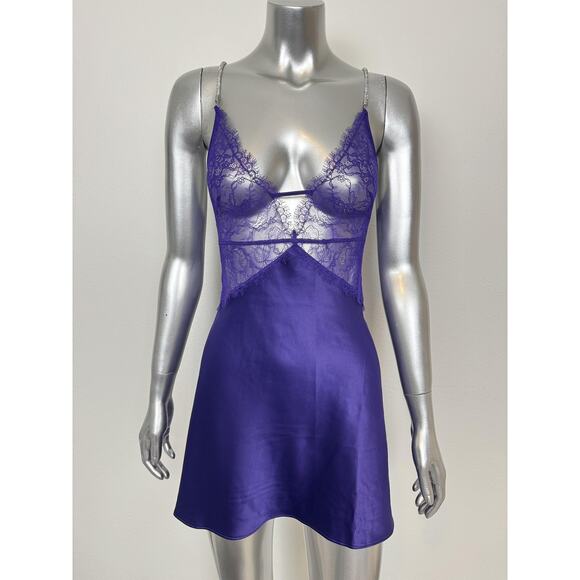 Victoria's Secret Chemise Slip Womens Small Purple Lace Satin Rhinestone Straps - Picture 4 of 12